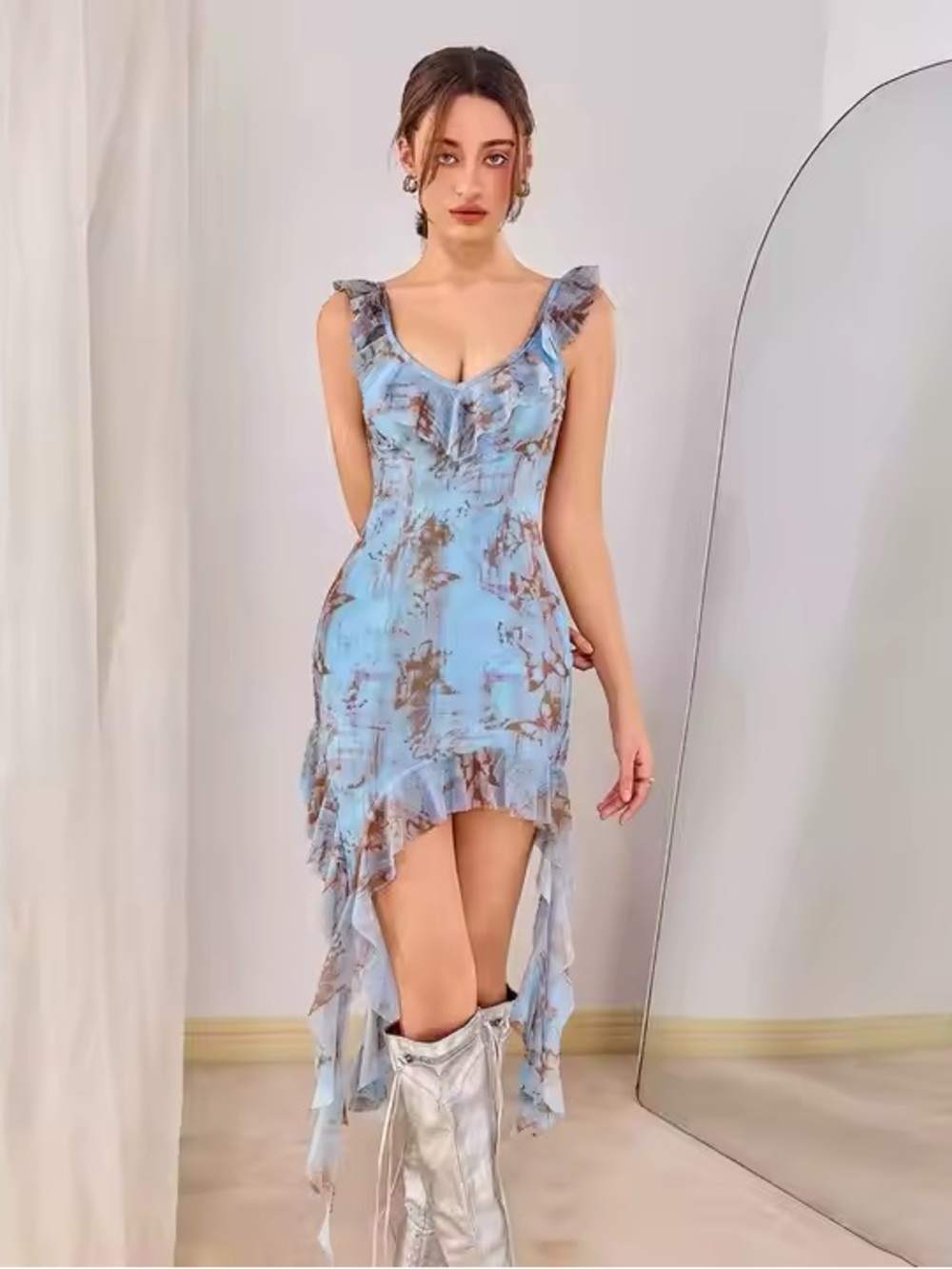 Sky Blue Tie-Dye High-Low Ruffle Dress